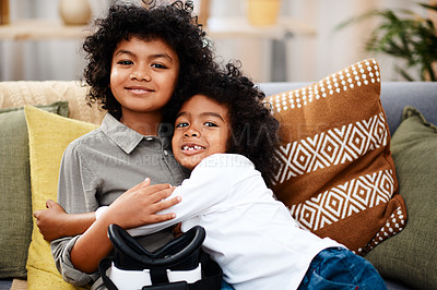 Buy stock photo Hugging, couch and brothers in living room for portrait, support and bonding in school holidays. Children, together and happiness on sofa for growth, relationship and relaxing in family home