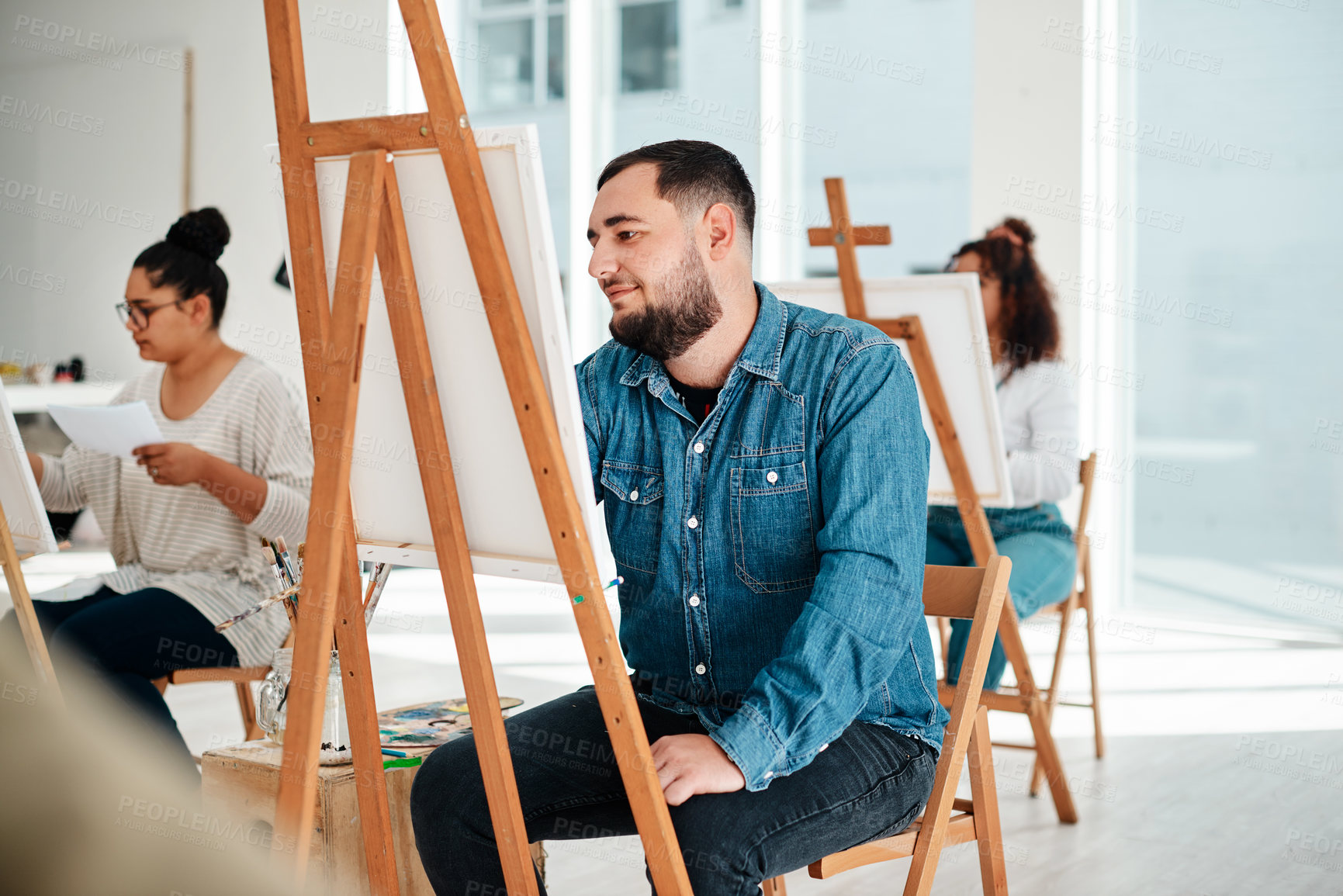 Buy stock photo Art, man and painting in studio for creativity, design and thinking in workshop. Male artist, smile and project in class for artwork, skill and learning with inspiration for exhibition or gallery