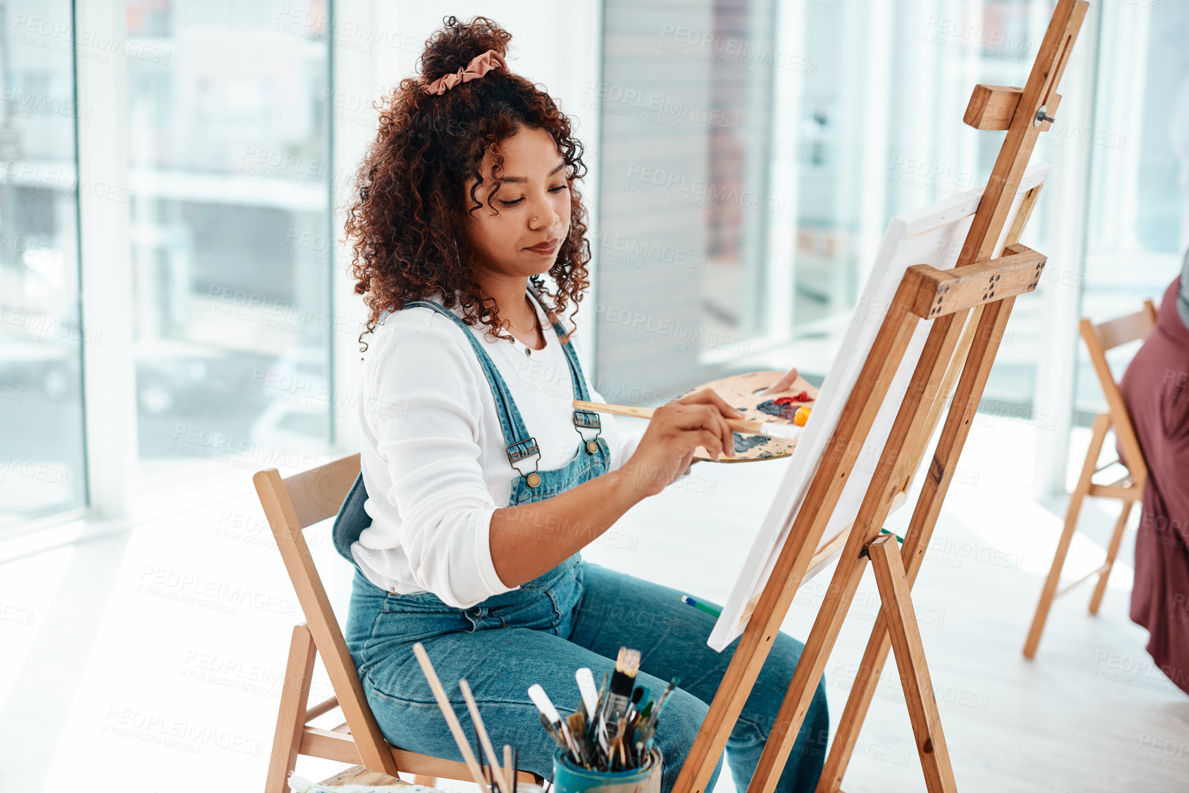 Buy stock photo Ideas, woman and creativity with paint, inspiration and hobby with stress relief, learning and activity. Skill, girl and painter with palette, thinking and art tools with joy, weekend break or talent