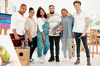 Buy stock photo Full length shot of a diverse group of artists standing together during an art class in the studio