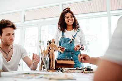 Buy stock photo Creative woman, mentor and art studio for canvas, bonding and happy for paint class learning. Friends, smile and presentation for talent, artistic project and workshop for hobby or passion teaching