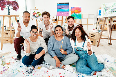 Buy stock photo Full length portrait of a diverse group of friends posing together during an art class in the studio
