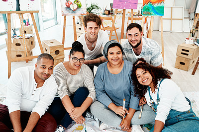 Buy stock photo Cropped portrait of a diverse group of friends posing together during an art class in the studio