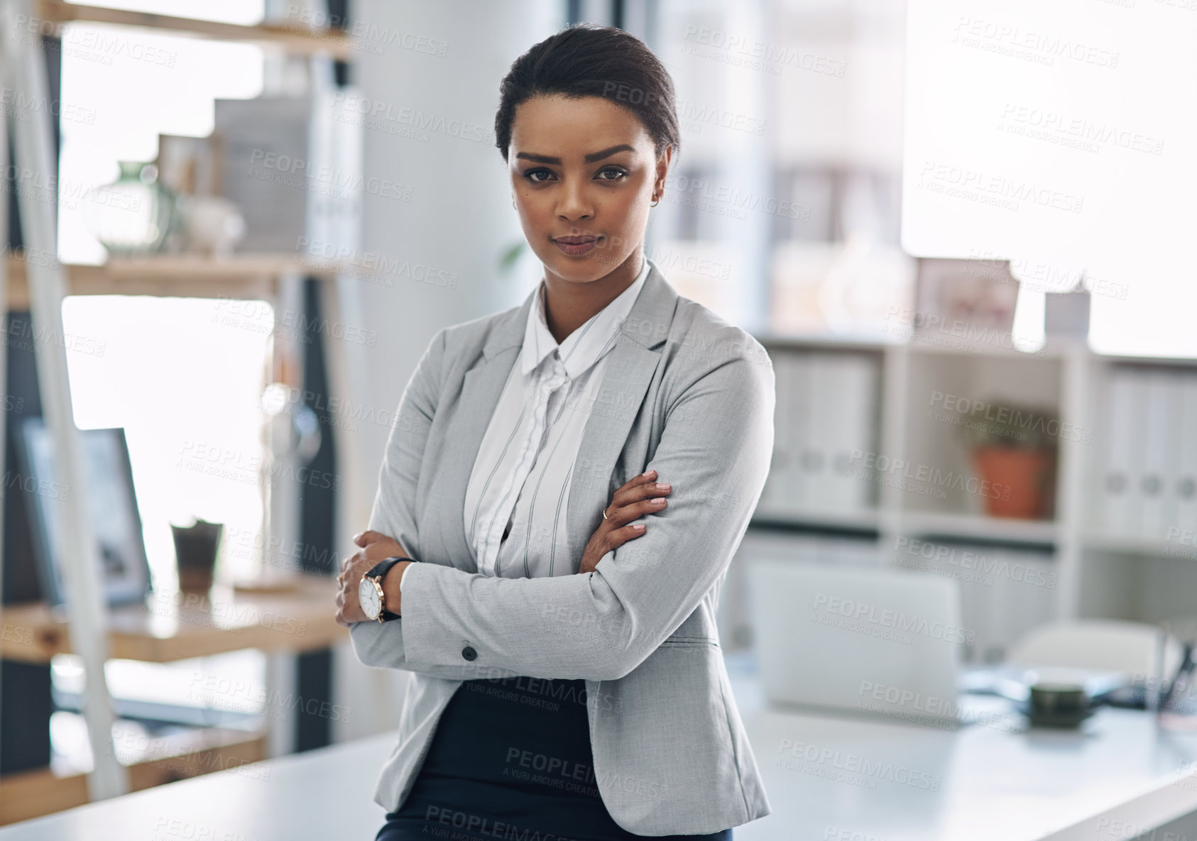 Buy stock photo Business, woman and portrait with arms crossed in office for professional career, ambition and pride. Company, employee and internal auditor with confidence at work for corporate, financial and job