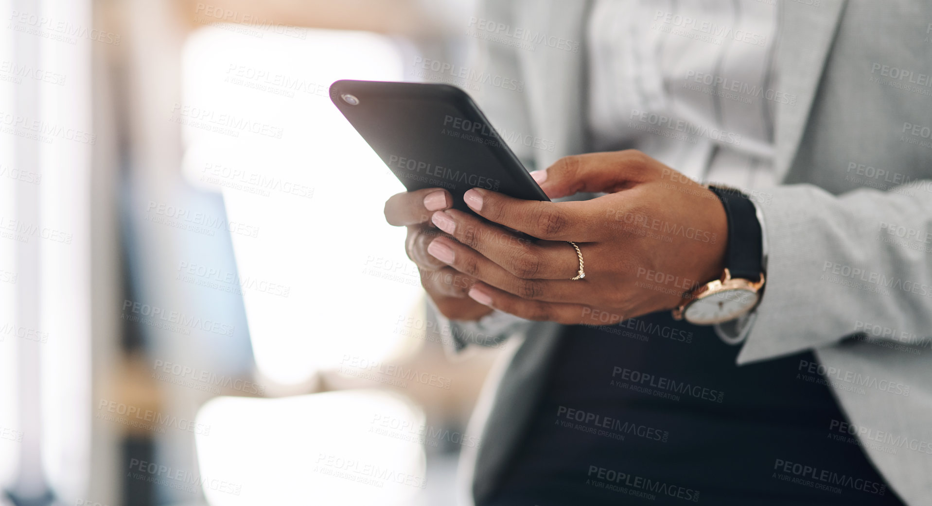 Buy stock photo Office, hands and businessperson with cellphone for chat, text message and information for reading. Closeup, female person and employee with smartphone for mobile app, networking and social media