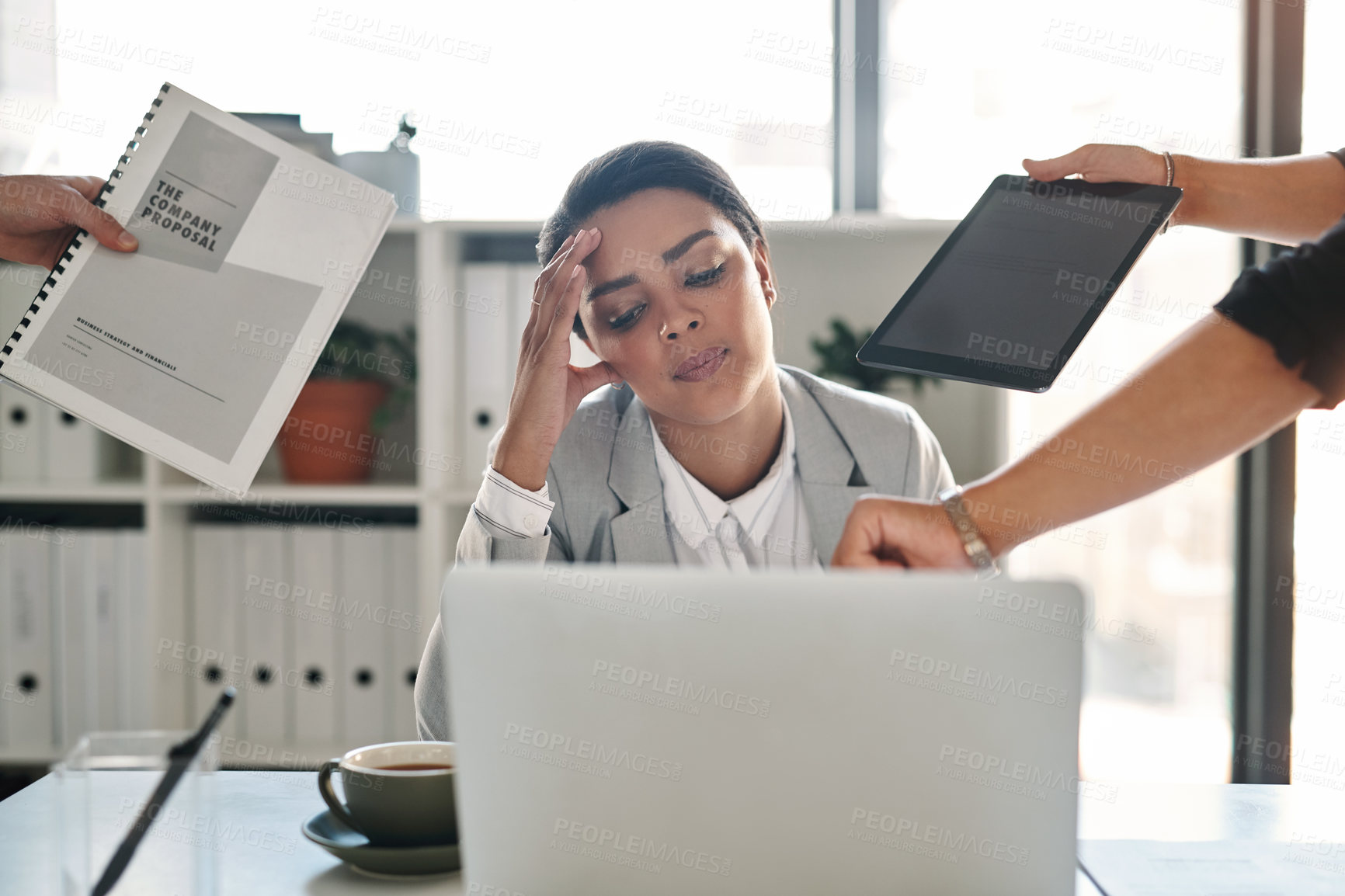 Buy stock photo Office, laptop and businesswoman with stress for multitasking, chaos and lack of time management. Colleagues, female person and lawyer with headache for case deadline, document and tablet in law firm