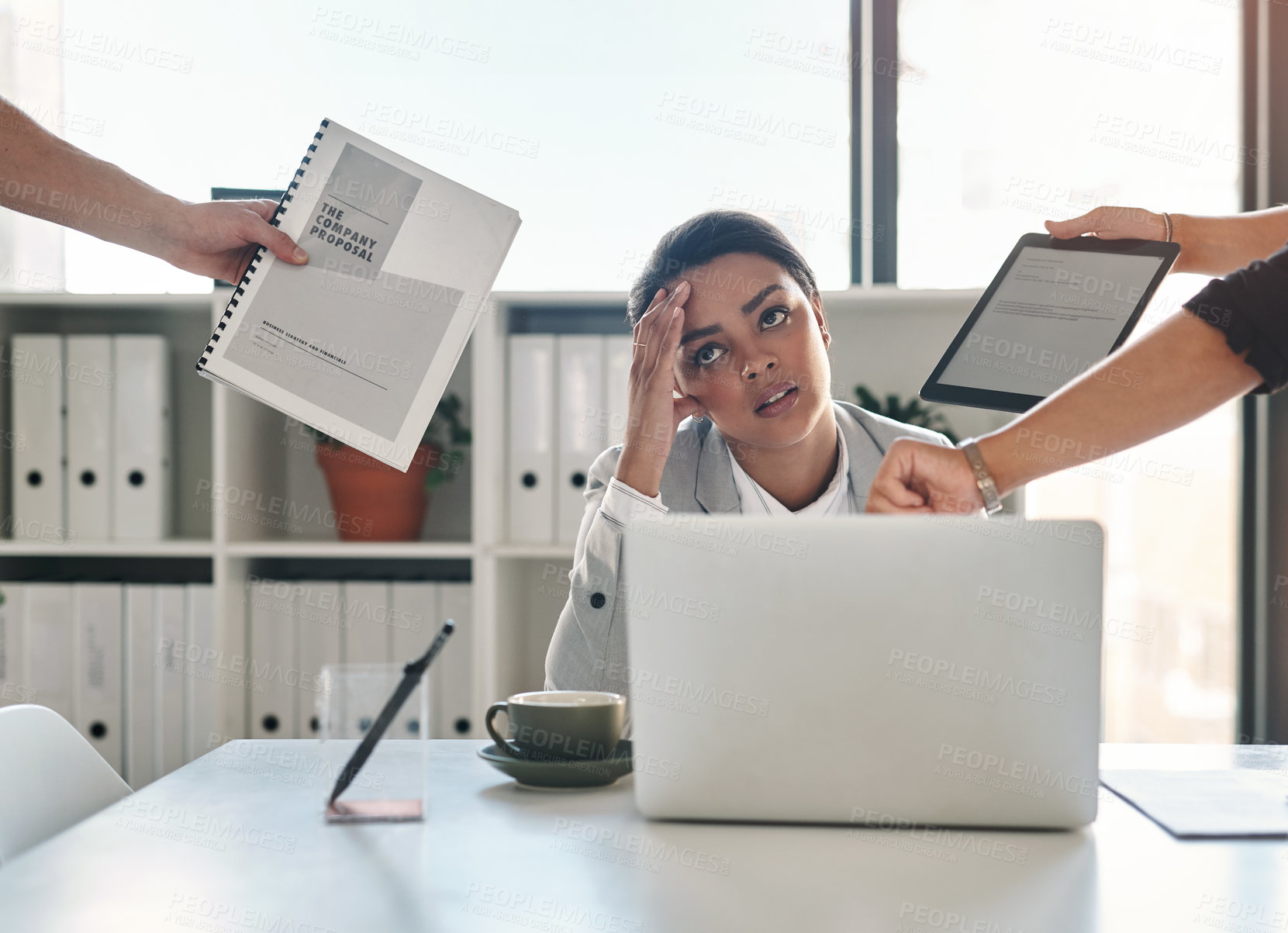 Buy stock photo Office, laptop and businesswoman with anxiety for multitasking, chaos and lack of time management. Colleagues, female person and lawyer with stress for case deadline, document and tablet in law firm