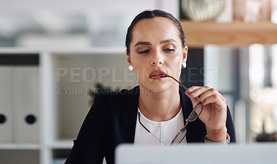 Buy stock photo Business woman, glasses and planning for accounting, communication or online finance report in office. Accountant, laptop and idea for financial spreadsheet, bookkeeping and tax compliance with audit