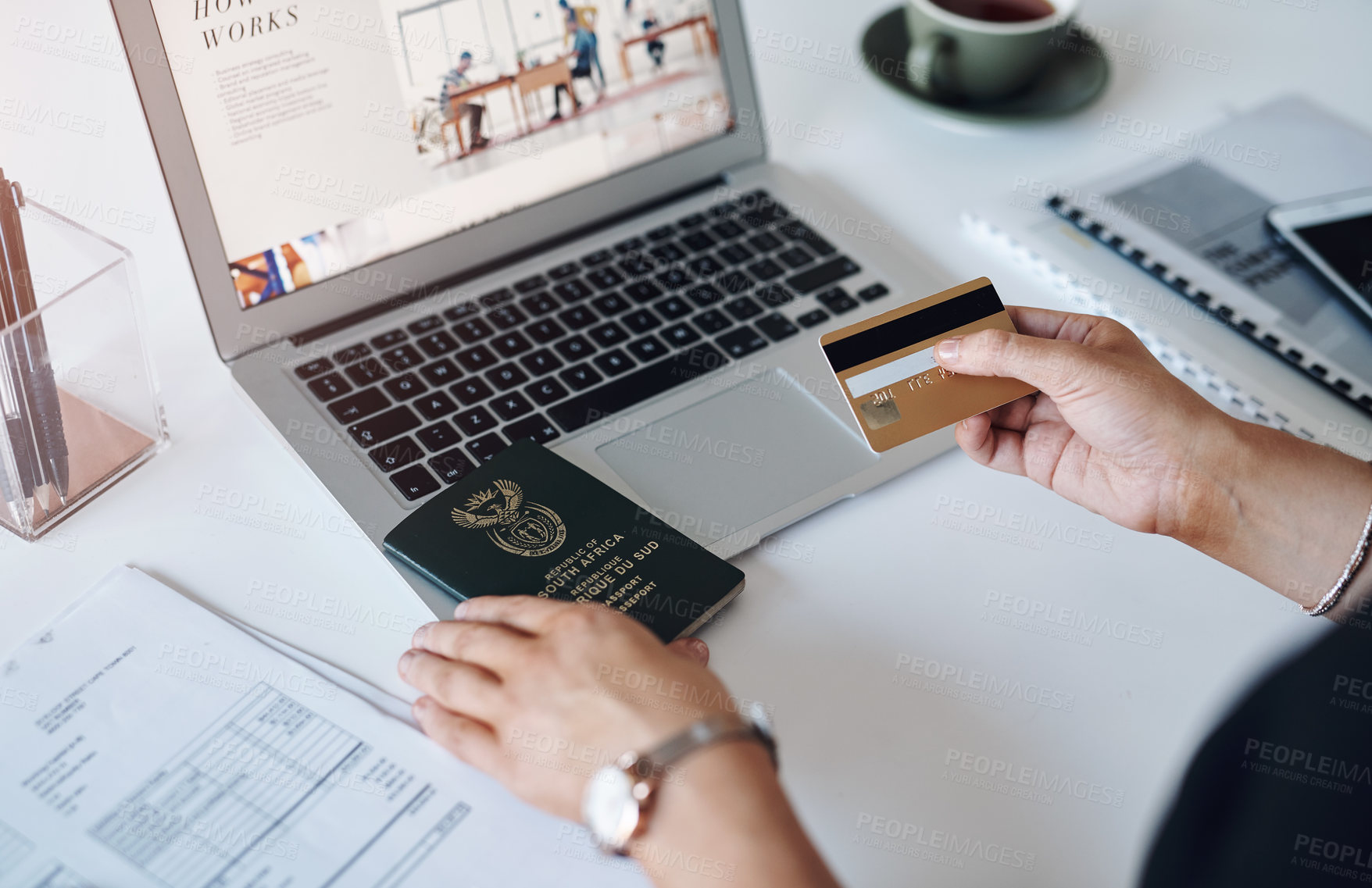 Buy stock photo Business person, hands or credit card with passport for travel, purchase or booking flight at office desk. Closeup, traveler or employee with ID or laptop for online payment or international trip