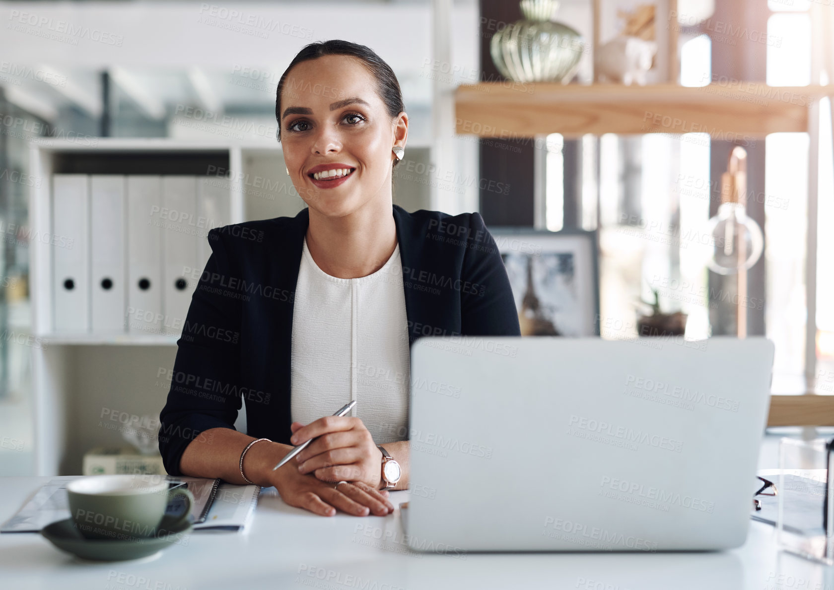 Buy stock photo Financial advisor, smile and portrait of employee with laptop, happy and office notes. Small business, woman and corporate female entrepreneur with professional pride for affirmative action law firm