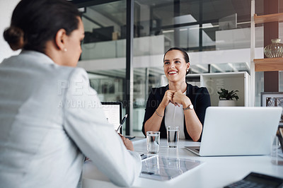 Buy stock photo Smile, business woman and consultation with client for meeting, insurance advice or planning policy. Teamwork, collaboration and discussion with agent for project, help or progress update in office