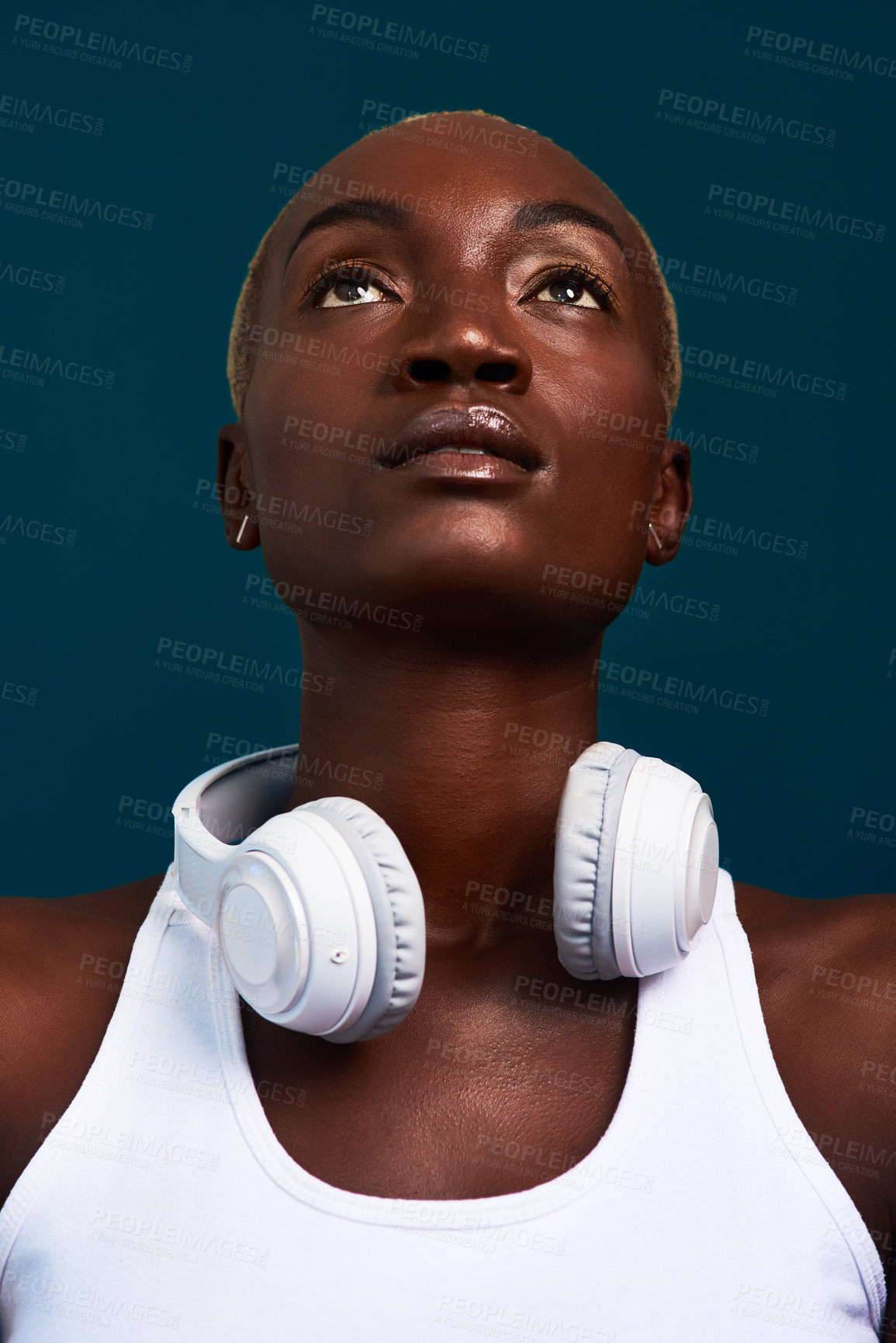 Buy stock photo Studio, thinking and black woman with headphones for music, confidence and ideas for fitness playlist. Female person, model and serious with equipment for listening, audio song or isolated background