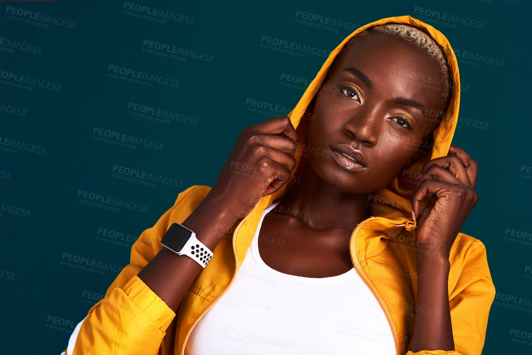 Buy stock photo Black woman, athlete and fashion as portrait for wellness, training and sports on studio background. African, female person and confidence for exercise, workout and performance as professional boxer