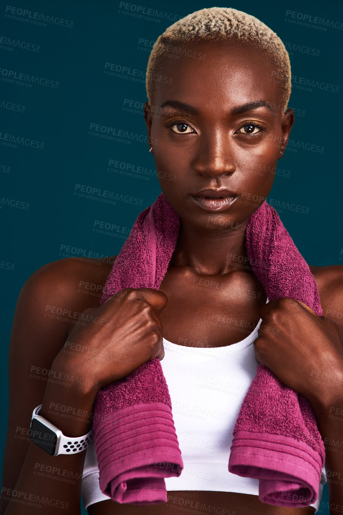 Buy stock photo Studio, portrait and black woman with towel for exercise, fitness or wellness journey with confidence. Female person, athlete and serious on break for training, cardio or sweat by isolated background