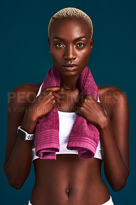 Buy stock photo Studio, portrait and black woman with towel for training, fitness or wellness journey with confidence. Female person, athlete and serious on break for exercise, cardio or sweat by isolated background