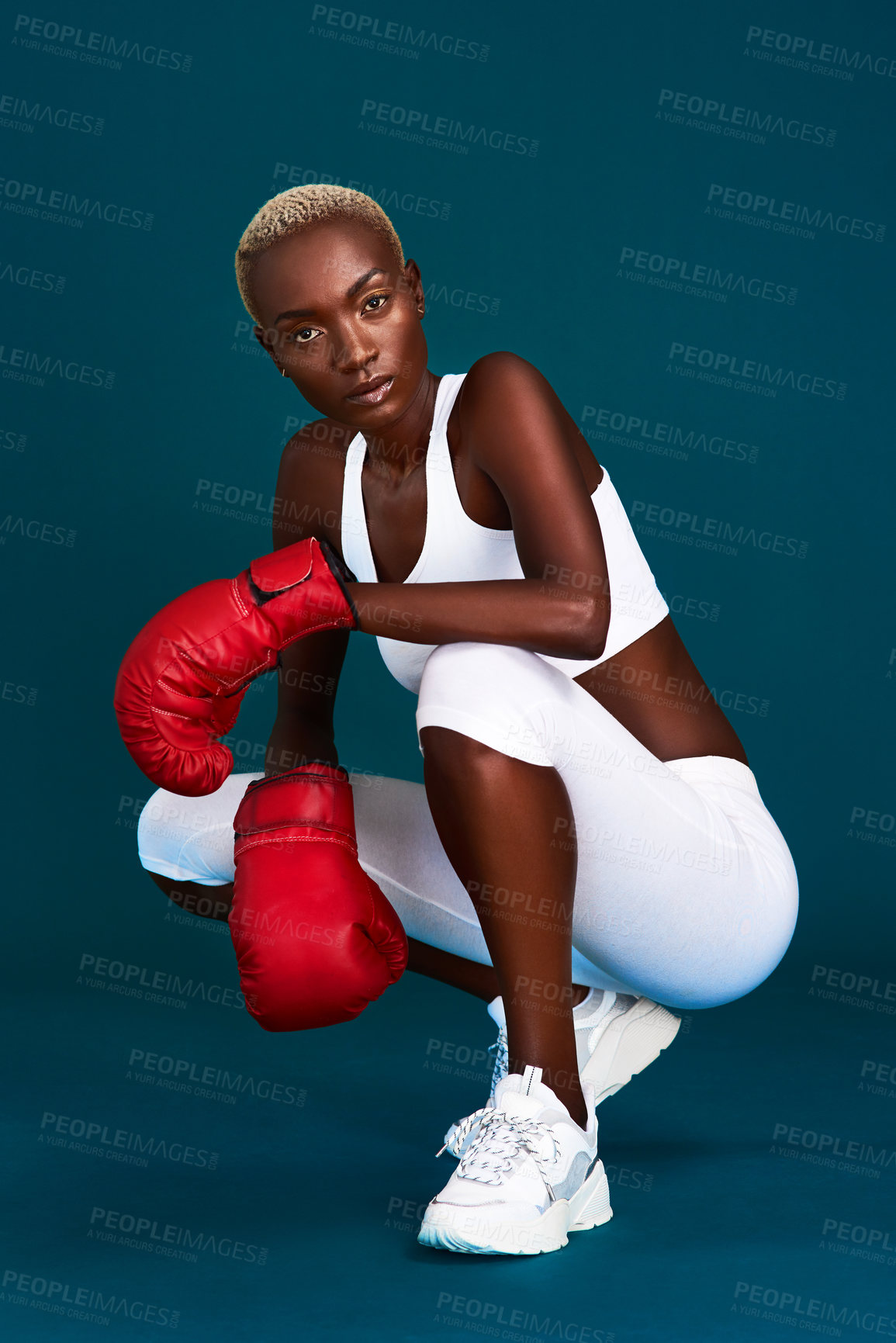 Buy stock photo Studio, black woman and portrait with rest for boxing, mma workout or prepare for fight competition. Fitness, female person and boxer with gloves for train, resilience or challenge by dark background