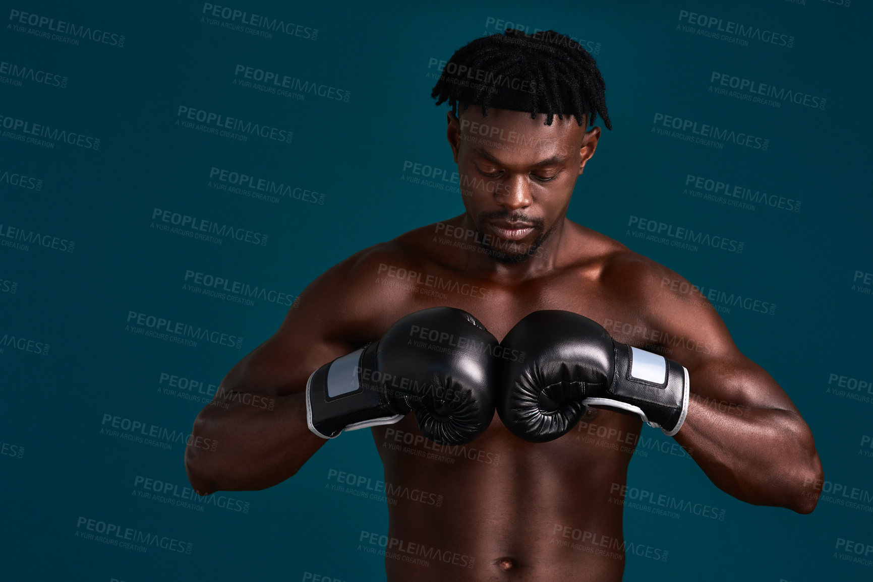 Buy stock photo Studio, black man and ready with gloves for boxing, mma workout and prepare for fight competition. Fitness, male person and boxer with training for punch, power and challenge by dark background