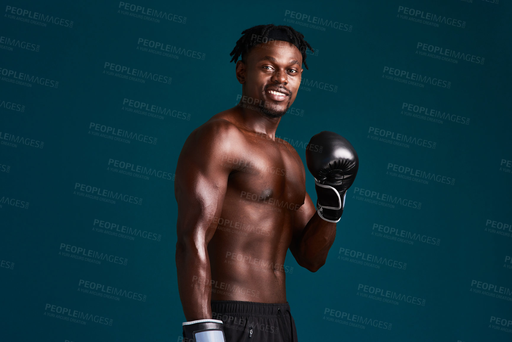 Buy stock photo Studio, black man and portrait with fist for gloves, mma workout and prepare for fight competition. Fitness, male person and boxing with smile for training, space and mockup by dark background