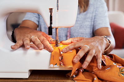 Buy stock photo Person, hands and sewing machine with fabric pattern for clothes designer or production, manufacturing or retail. Seamstress, equipment and workshop tailor for handmade hobby, creative or textile