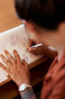 Buy stock photo Art, drawing and hands of person in home for design, expression or inspiration on weekend. Pencil, studio and wooden table with artist in apartment for hobby or sketch as illustrator from above