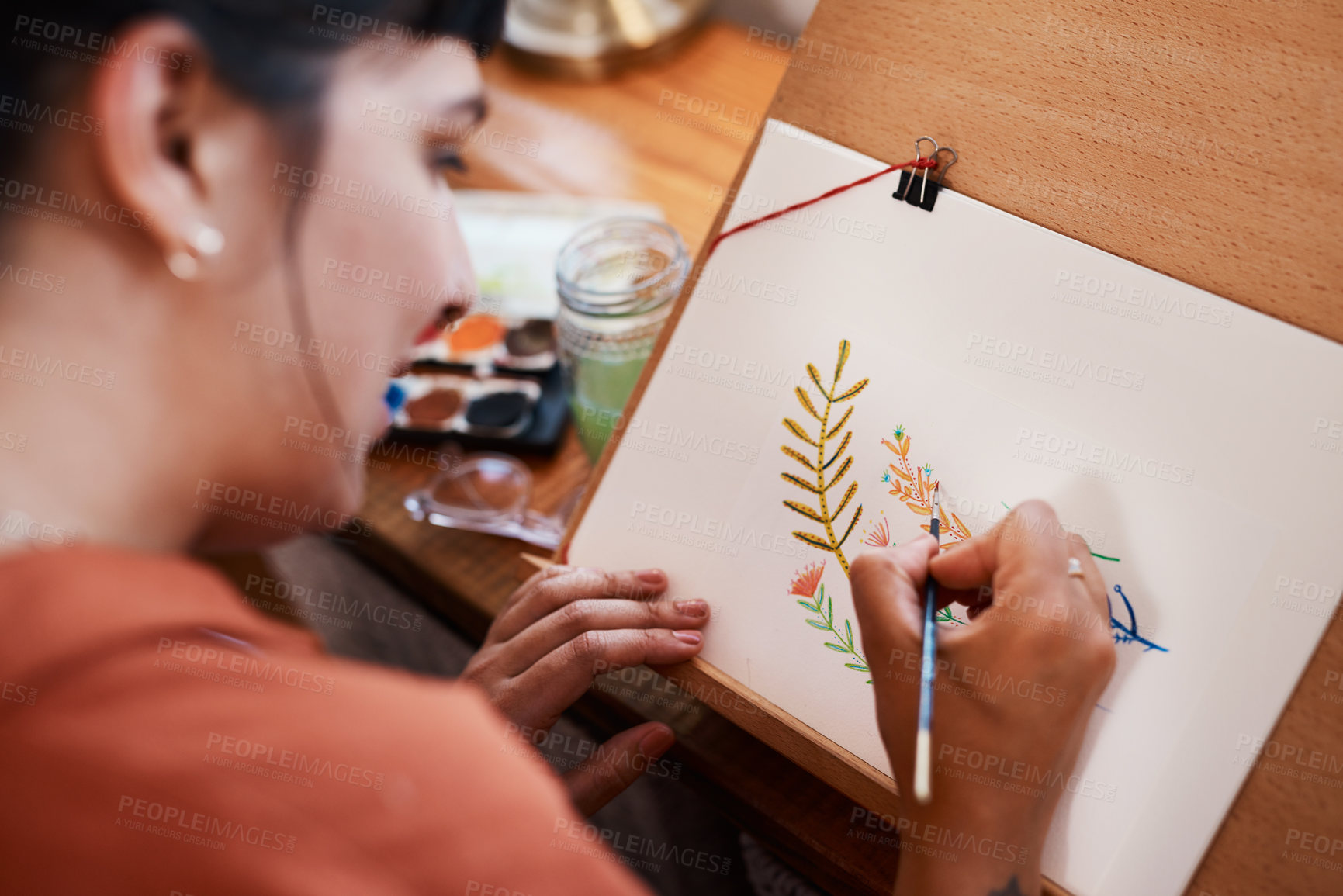 Buy stock photo Woman, house and artist painting with color for design with closeup, passion and paintbrush. Painter, drawing and flowers for creativity in home studio with talent, hobby and inspiration with skill.