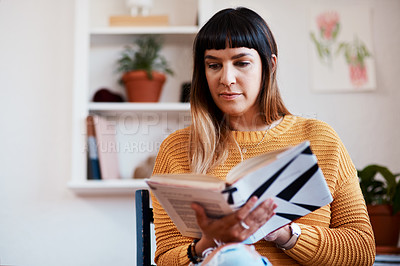 Buy stock photo Book, woman in home for novel and reading or calm, knowledge and learning on chair. Living room, concentration and literature, creative story or language while comfortable, relaxation or education