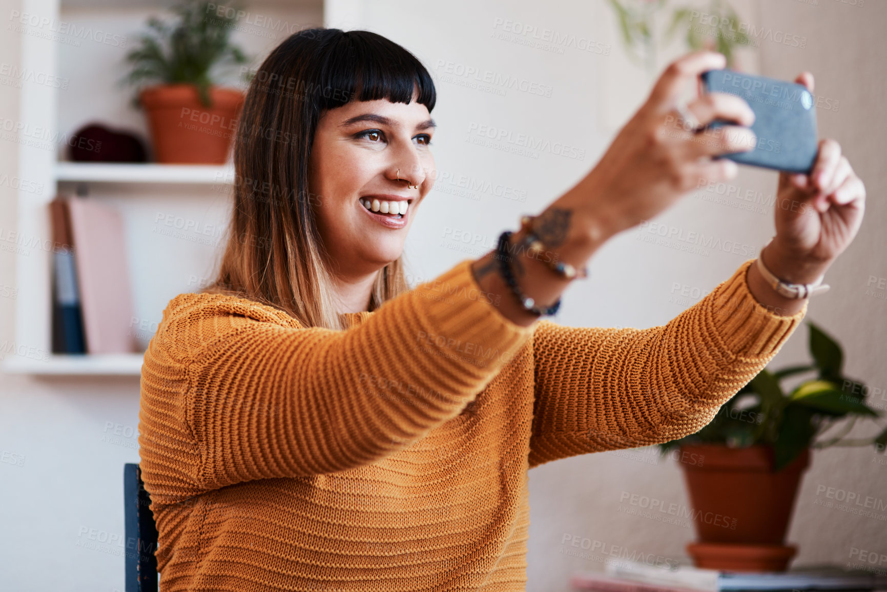 Buy stock photo Home, smile and woman with selfie for social media post, profile picture update and blog website. Influencer girl, apartment and live streaming or photograph for happy memory and content creation