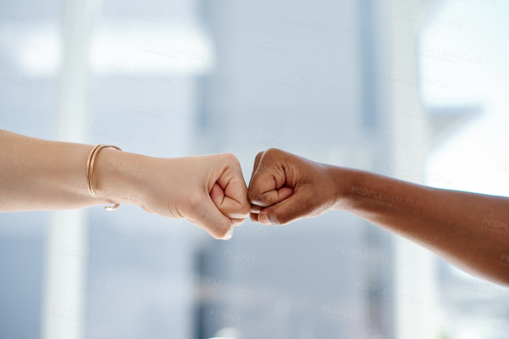 Buy stock photo Fist bump, employee hands and motivation gesture of success, support and trust in a office. Friends, team building and collaboration hand sign with business people showing teamwork and solidarity