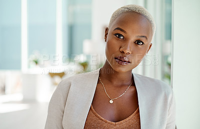 Buy stock photo Portrait, African woman and serious in office with pride for career, small business and startup company. Internship, female person and secretary in agency with confidence for admin job in Los Angeles