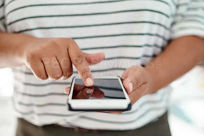 Buy stock photo Woman, hands and scroll in office with smartphone for social network, mobile website and digital contact. Secretary closeup texting on cellphone, reading business notification and search media on app