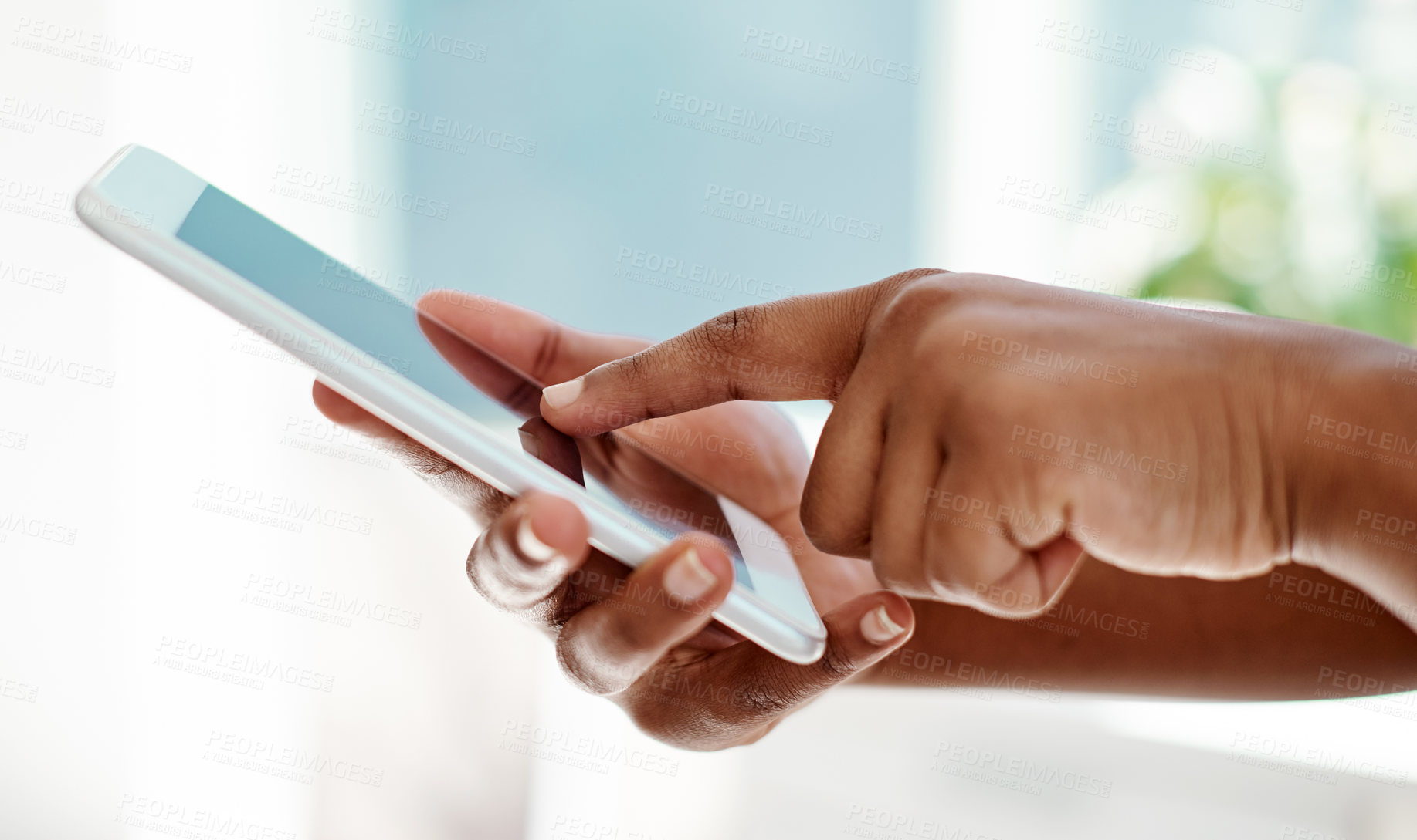 Buy stock photo Woman, hands and scroll in office with cellphone for social network, mobile website and digital contact. Secretary closeup texting on smartphone, reading business notification and search media on app