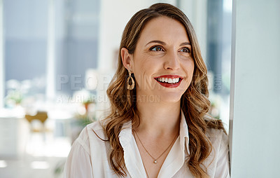 Buy stock photo Thinking, business and woman with smile in office or ideas, planning and problem solving solution as legal lawyer. Happy, female attorney and law firm goals with empowerment expert of future justice 