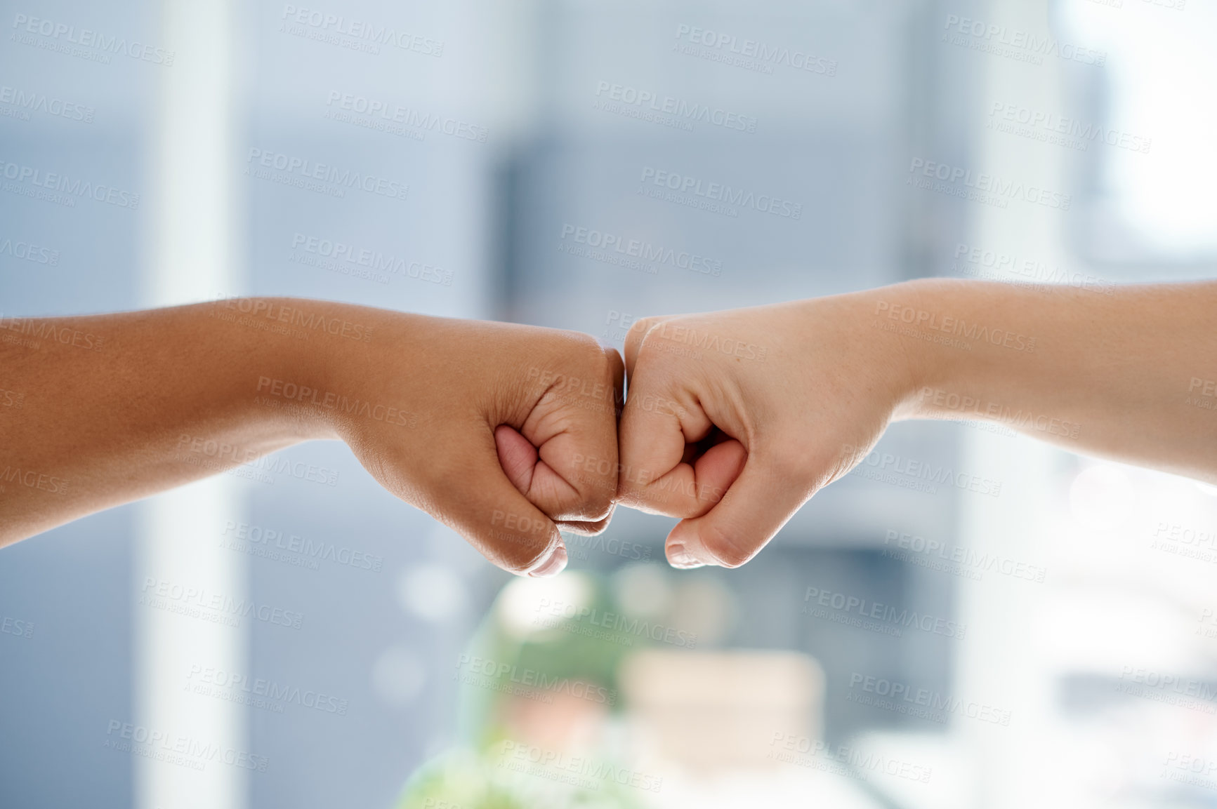 Buy stock photo Fist bump, worker hands and motivation gesture of success, support and trust in a office. Friends, team building and collaboration hand sign with business people showing teamwork and solidarity