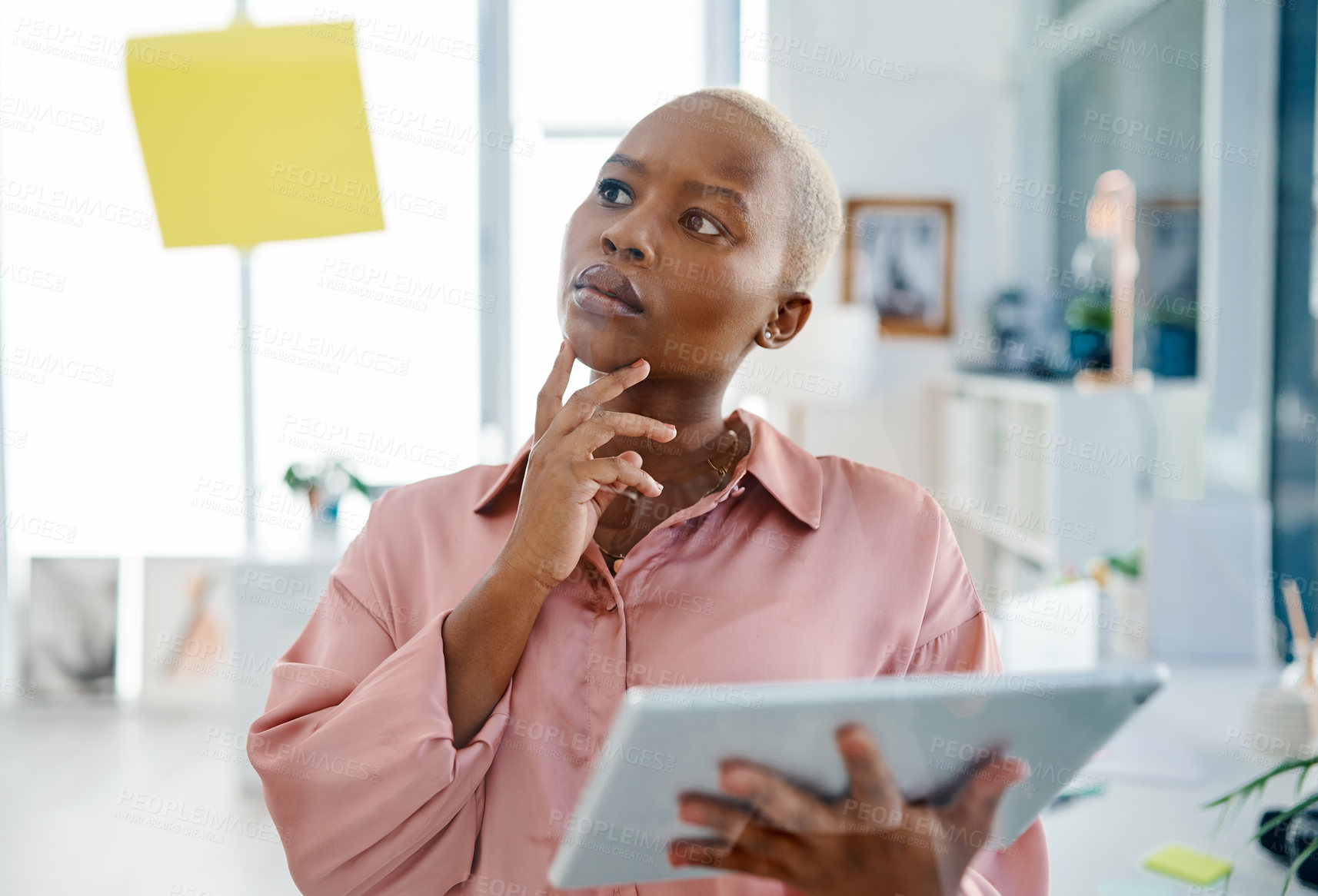 Buy stock photo Glass, tablet and thinking with business black woman in office for brainstorming or planning. Agenda, schedule and problem solving with employee in workplace for development of plan or vision