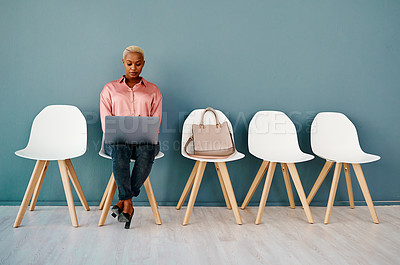 Buy stock photo Business, waiting and black woman with laptop, relax and professional with job interview, recruitment and freelancer. African person, copywriting or employee with computer, calm or research with idea