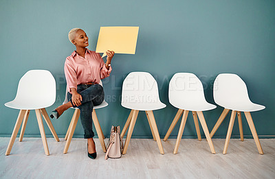 Buy stock photo Human resources, space and speech bubble with business black woman in waiting room on blue background. Advertising, hiring or interview and employee with poster mockup for announcement or marketing