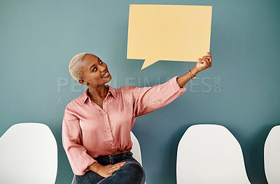 Buy stock photo Mockup, speech bubble and smile with business black woman in waiting room for human resources interview. Advertising, blue background or marketing and employee with space on poster for information