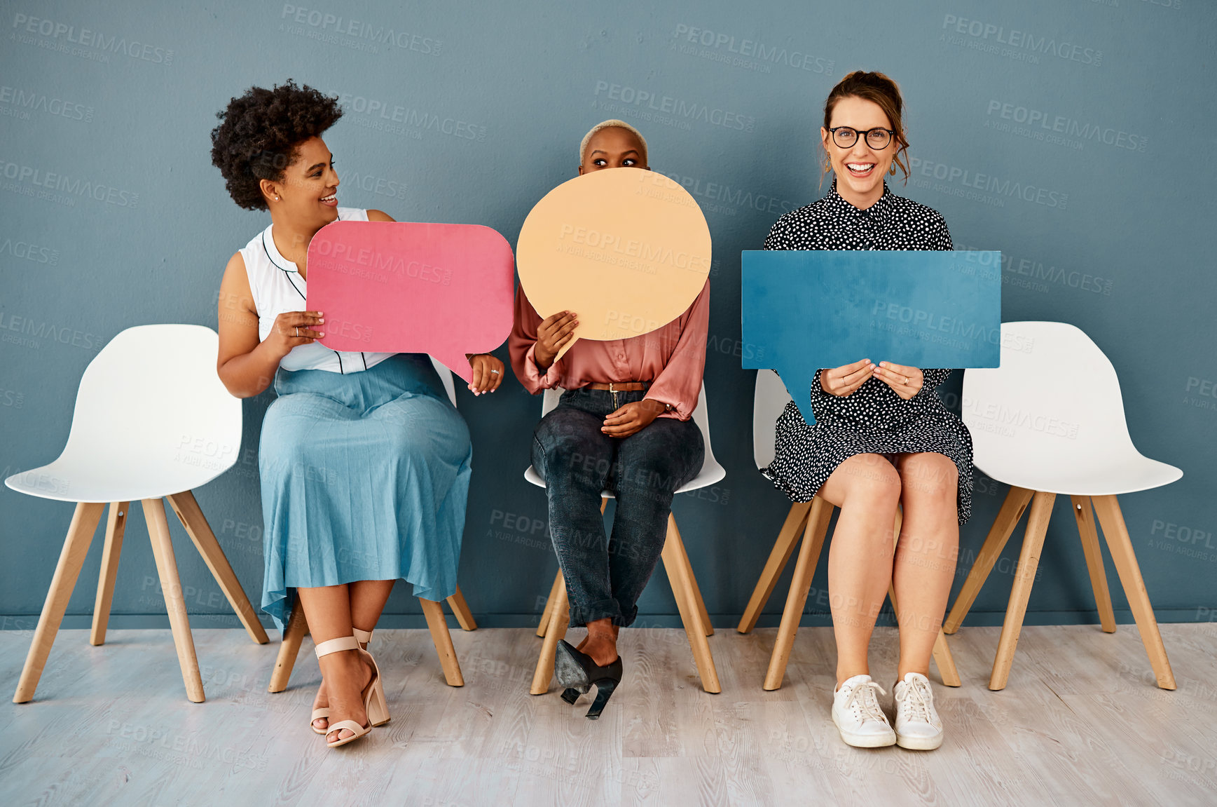 Buy stock photo People, waiting room with speech bubble and wall background, dialogue and chairs for appointment. Hiring, feedback or recruitment in modern office workplace, communication and language translation