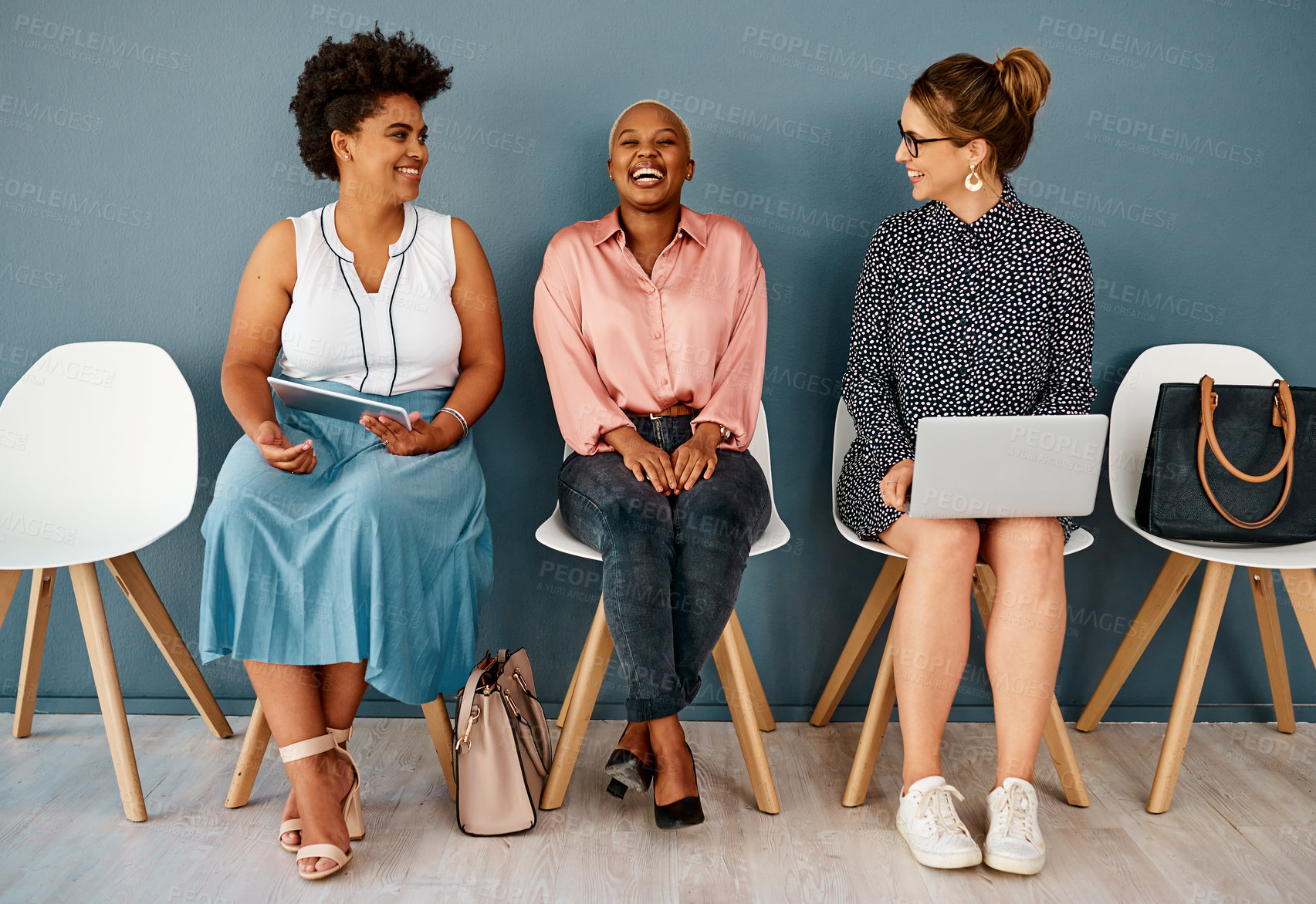 Buy stock photo People, waiting room with tablet and wall background, smile and chairs for appointment. Happy, hiring opportunity or recruitment in modern office workplace, laptop and Human resource candidate