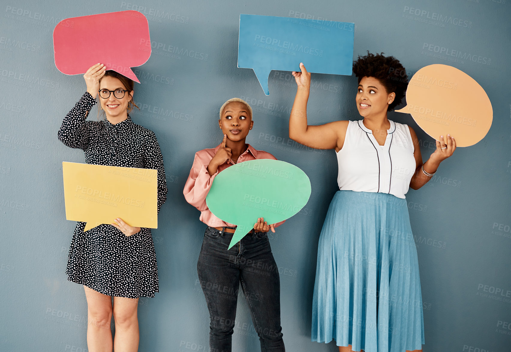 Buy stock photo Business woman, ideas and speech bubble on wall background for social media, networking or communication. Group of people with quote, opinion or thinking of teamwork with mockup or space in studio