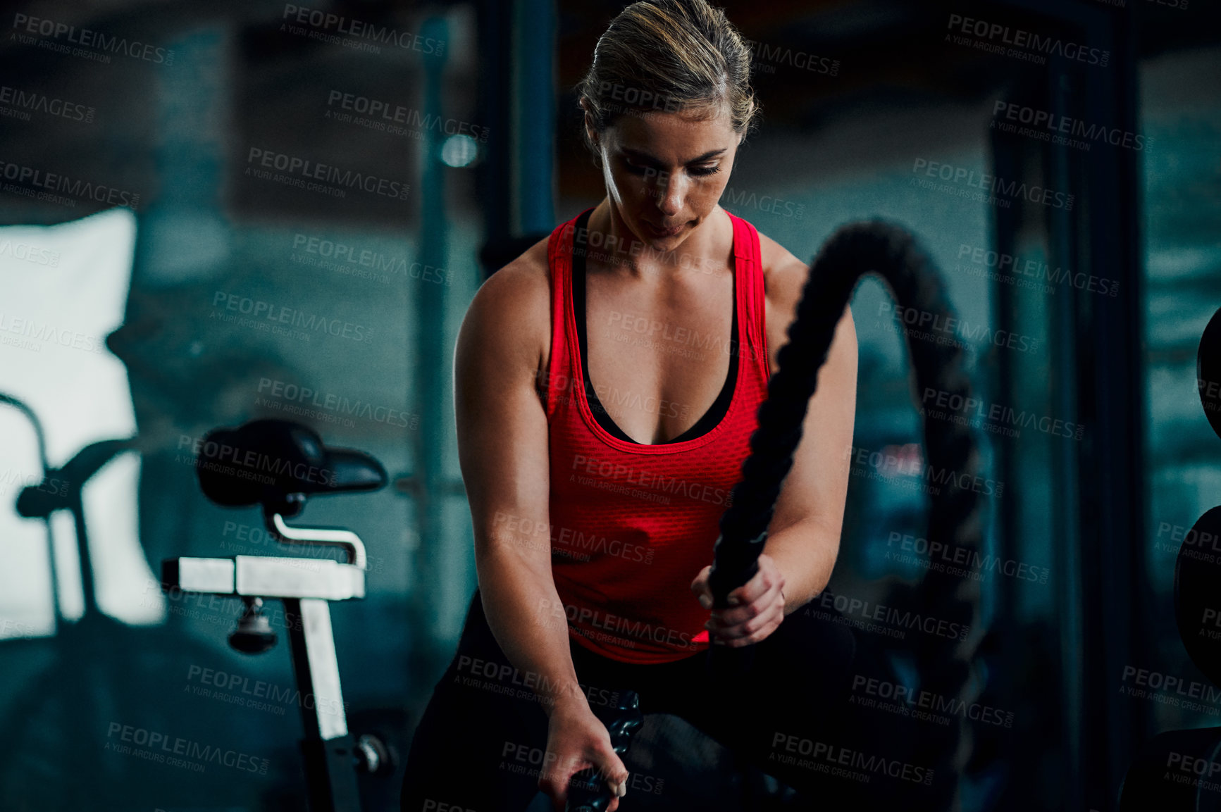 Buy stock photo Cropped shot of an attractive young female athlete working out with battle ropes in the gym