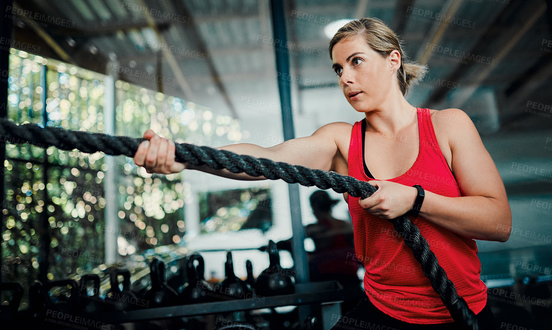 Buy stock photo Woman, battle ropes and training in gym for performance workout, cardio endurance or speed challenge. Female athlete, exercise and core stability in health club, power fitness for body wellness