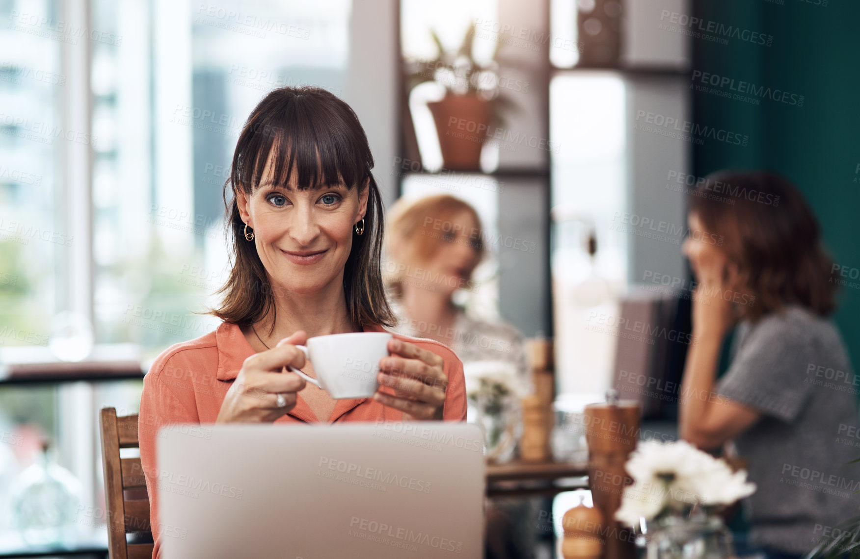 Buy stock photo Portrait, woman and latte with laptop for business, email and remote work in coffee shop. Connection, internet and online for research, reading and writing for blog with influencer for networking 