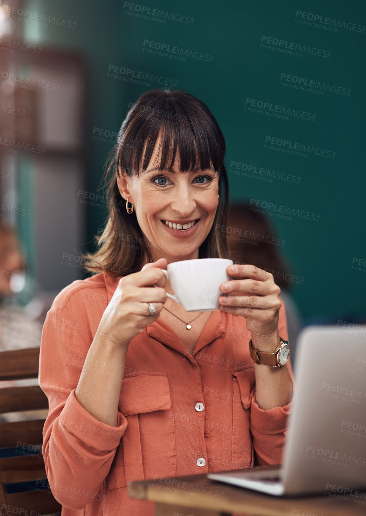 Buy stock photo Portrait, smile and woman with coffee in cafe for research, career and laptop in city. Technology, freelancer and happy in restaurant with latte or tea, email and remote work with pride in New York 