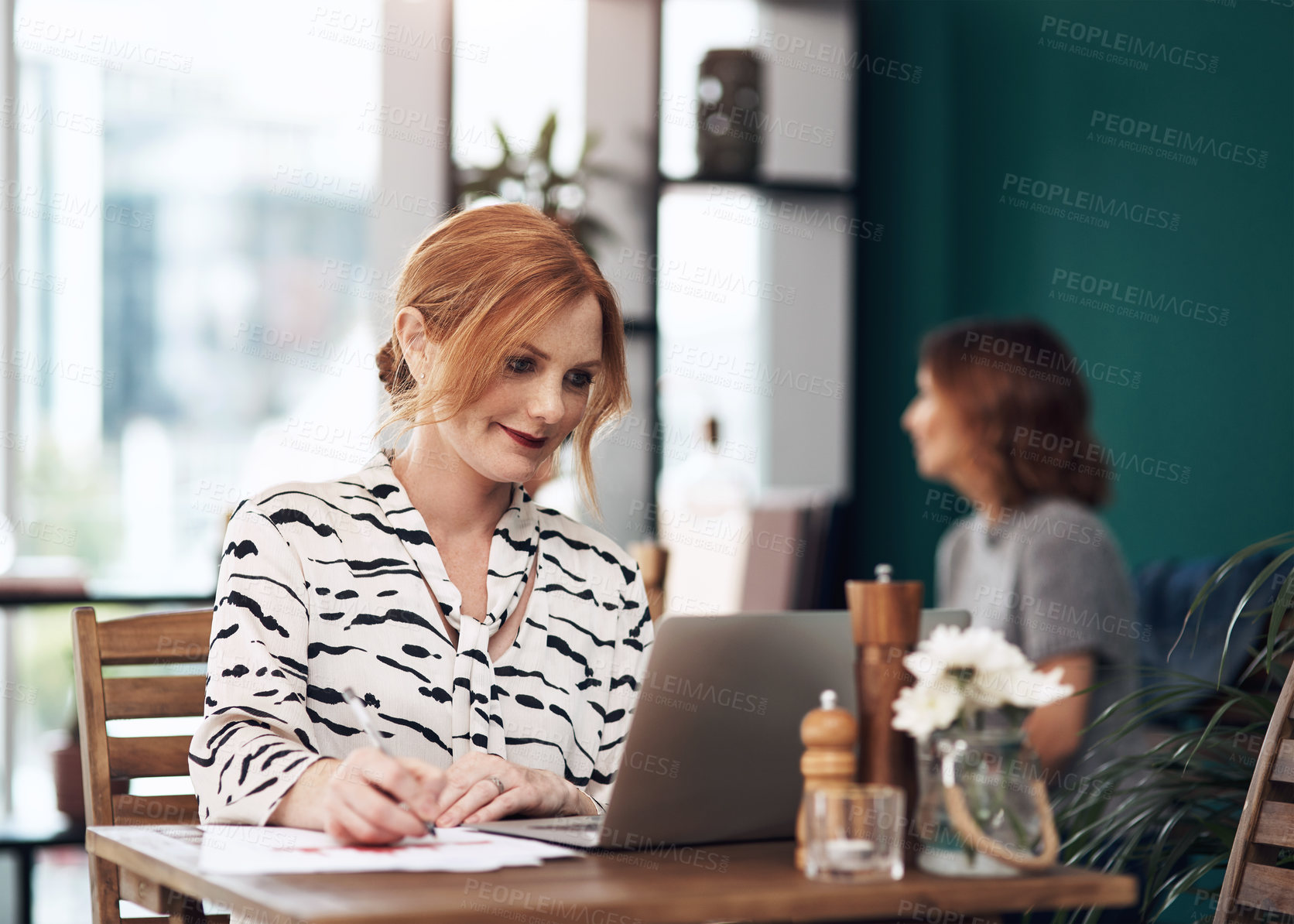 Buy stock photo Cafe, writing and woman with laptop for remote work, project notes and news app for information. Computer, online video and female virtual assistant in coffee shop with internet for admin and editing