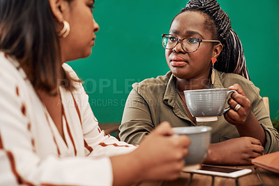 Buy stock photo Relax, chat and friends in coffee shop for talking, conversation or discussion in restaurant. Women, latte or people drinking tea beverage on break together in cafe for reunion, news or gossip story