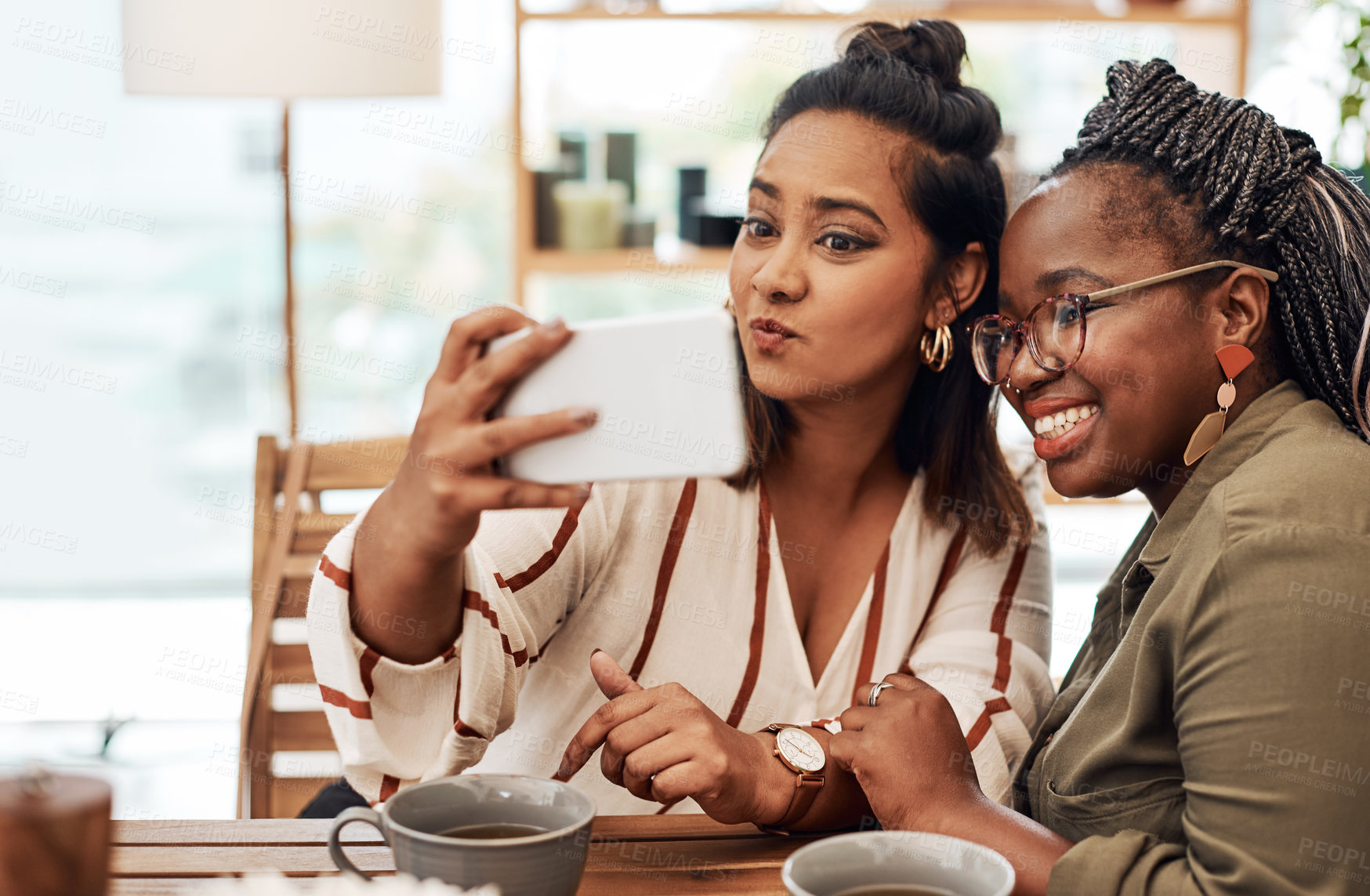 Buy stock photo Friends, women and happy for selfie in cafe for lunch date, break and social media post. People, smile and excited at coffee shop on reunion or gathering for bonding, fun and support with memories