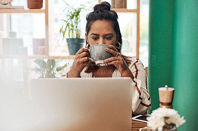 Buy stock photo Laptop, coffee and woman in cafe with freelance job, checking email and planning for article. Computer, drink tea and girl in restaurant for online consulting, reading and networking for remote work