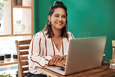 Buy stock photo Laptop, portrait and woman in coffee shop with freelance job, confidence and research for article. Computer, business plan and girl in cafe with smile, networking or online consulting for remote work