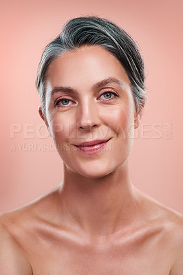 Buy stock photo Beauty portrait, anti aging and senior woman with facial glow and natural makeup in studio. Skin health, dermatology and mature lady with collagen skincare and luxury spa aesthetic by pink background